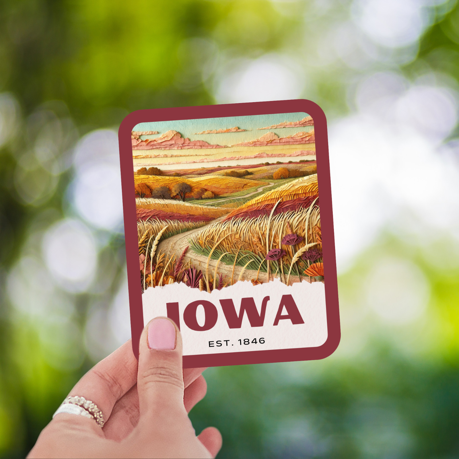 Iowa State Sticker, Paper Collage Look, Scenic Farmland Vinyl Decal