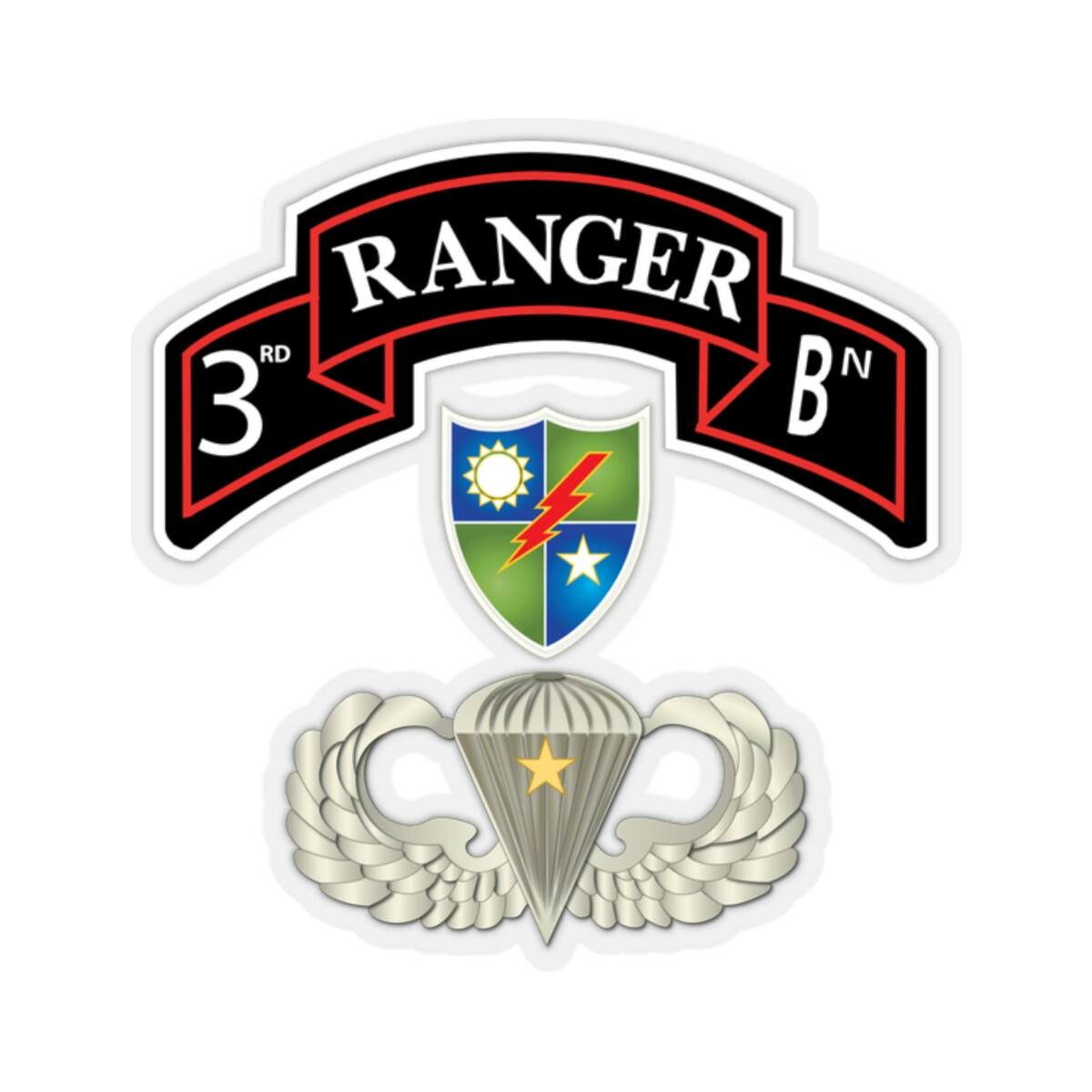 Kiss-Cut Stickers – Army – 3rd Rgr Bn with DUI – Basic Airborne w Combat Jump S