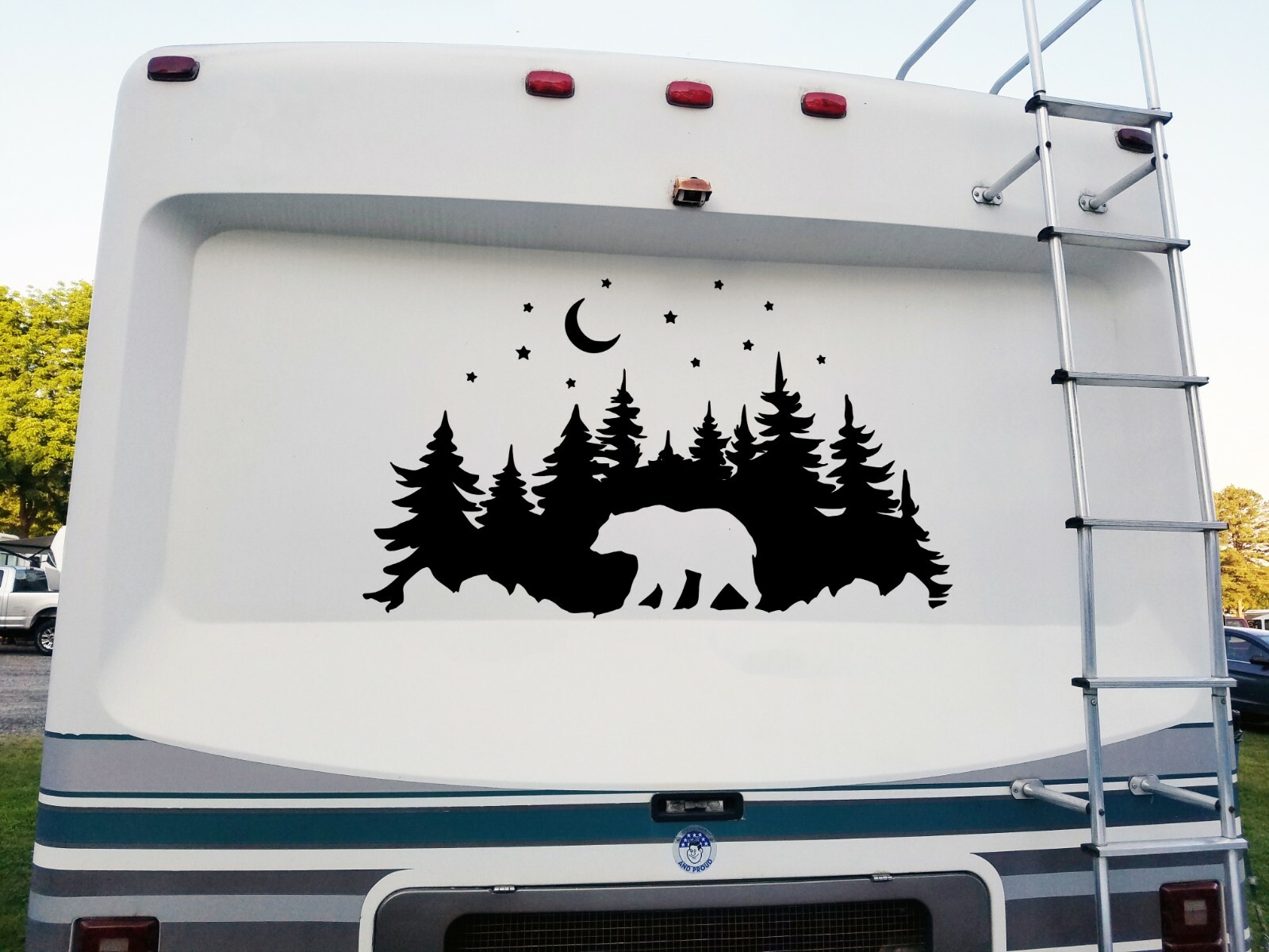 Bear in Forest Moon Stars V1 Vinyl Decal – RV Graphics Scene Camping PNW Die Cut