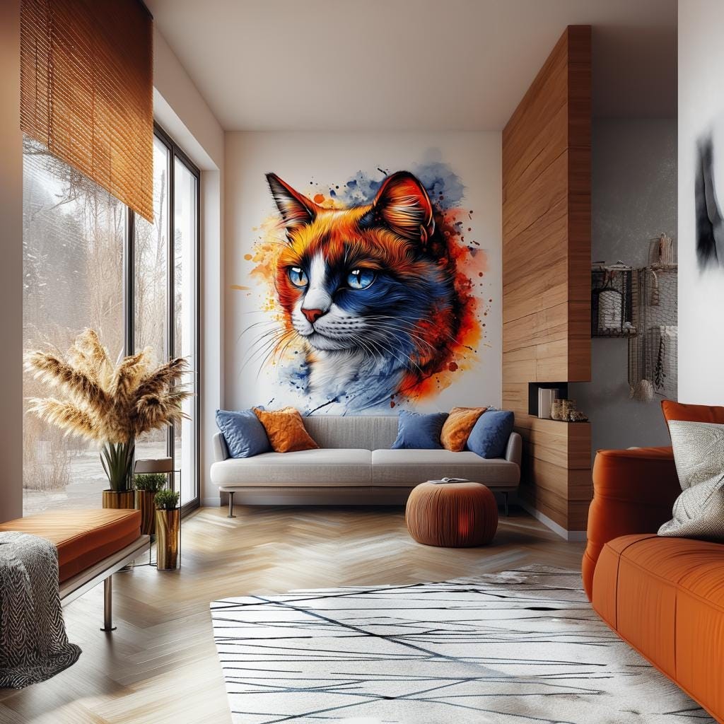 Calico Cat Wall Decal – Blue Eyed Domestic Shorthair Cat Sticker – Abstract