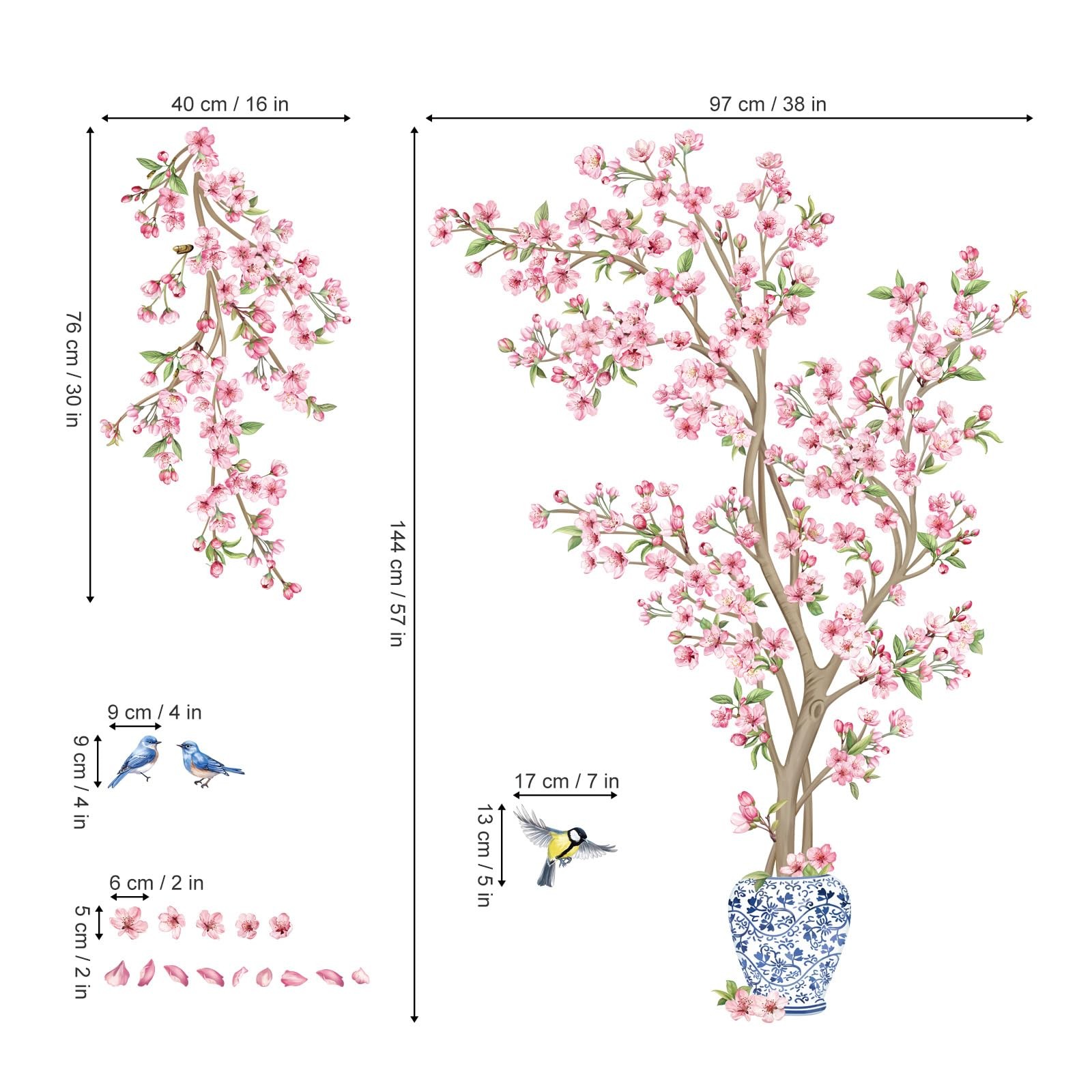 Pink Cherry Blossom Flower Tree Wall Decals Hanging Floral Tree Branch Birds …