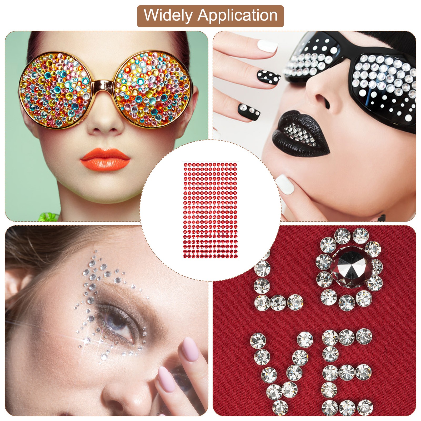 1394Pcs 4mm/6mm Self-Adhesive Rhinestone Stickers for Craft 4 Sheet Red