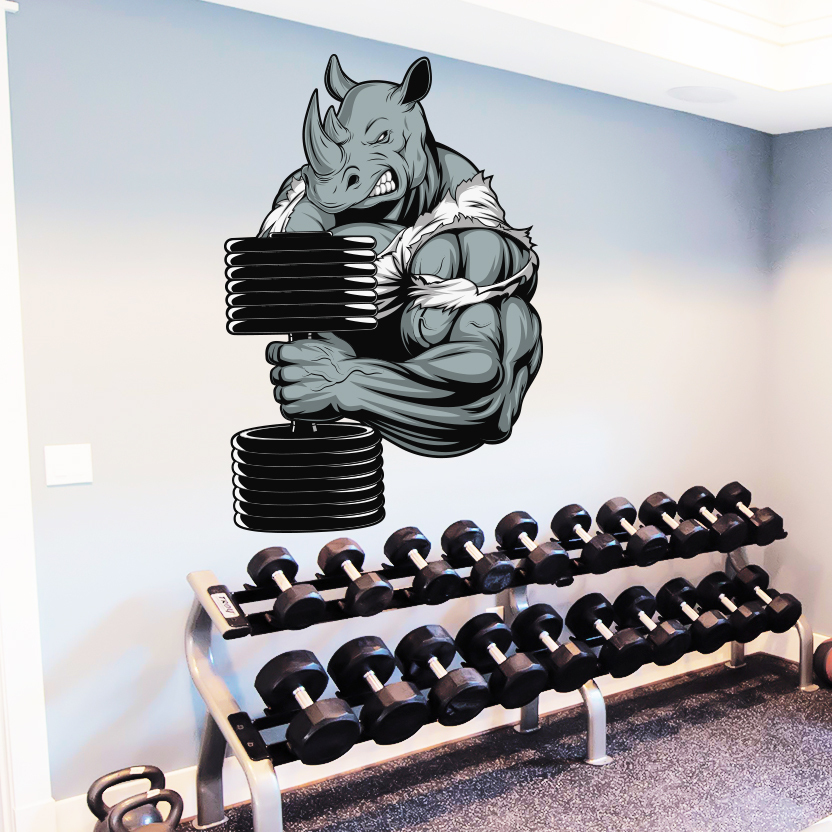 Rhino Wall Decals Full Color Bodybuilder Sticker Dumbbell Sport Gym Decor DD180