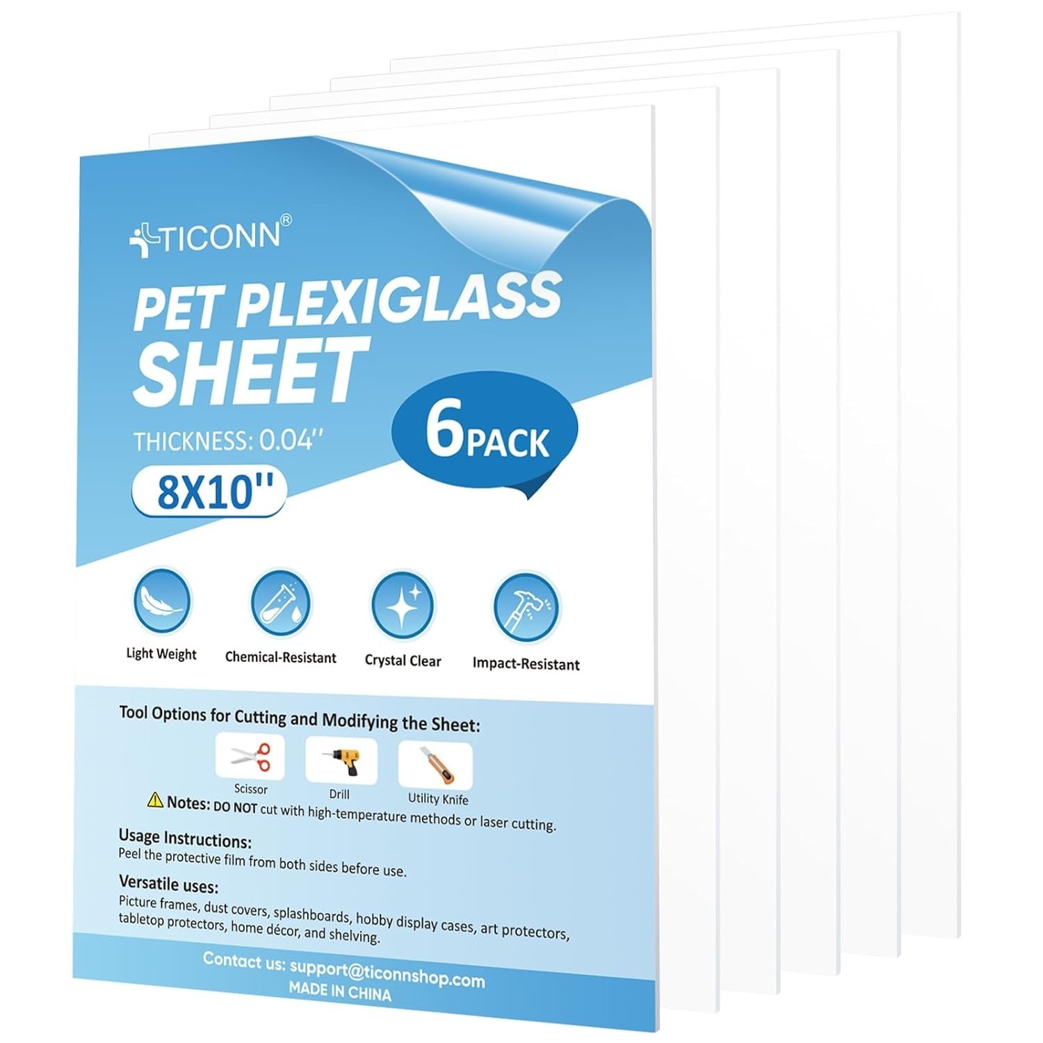 6PK 8" X 10" PET Plexiglass Sheets, Clear Plastic Sheet, Easy to Cut Thin Flexib