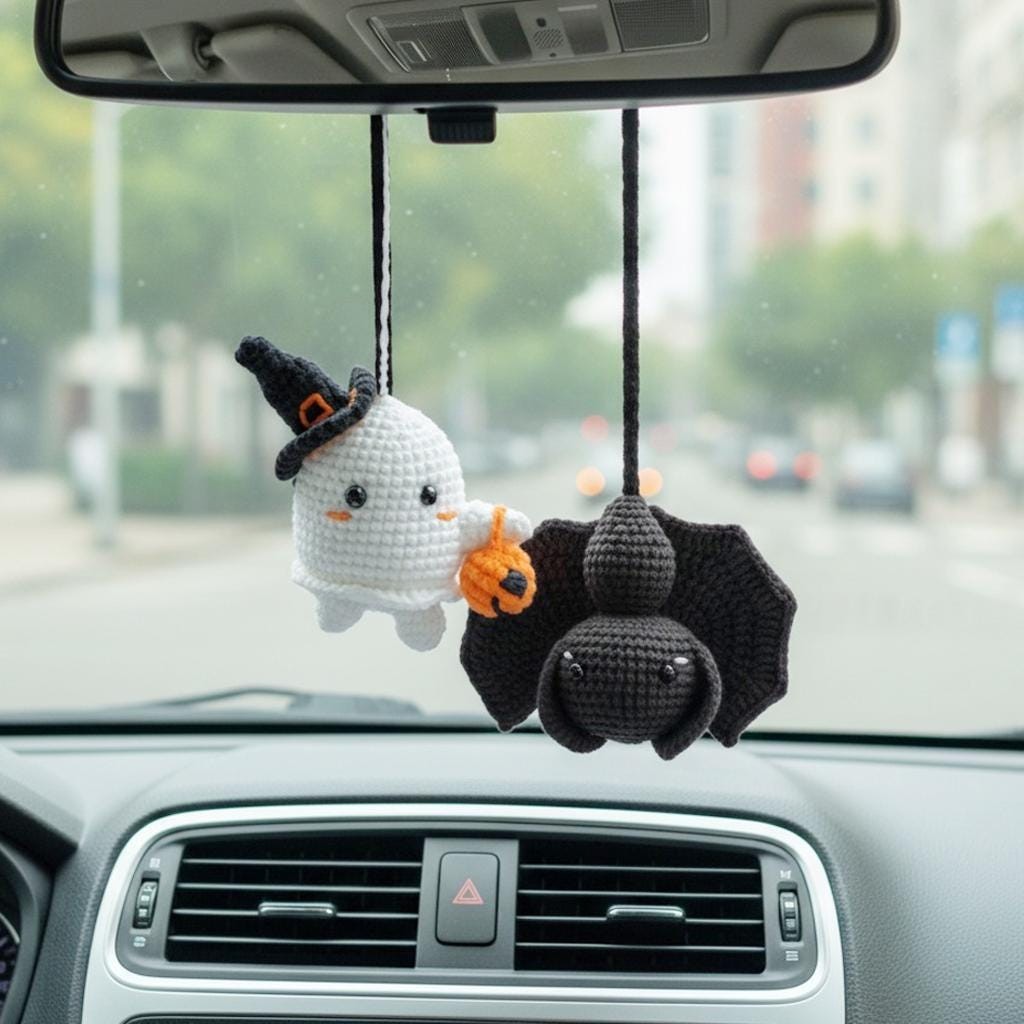 Handmade Crochet Halloween Car Charm, Ghost Pumpkin Hanging, Spooky Gift