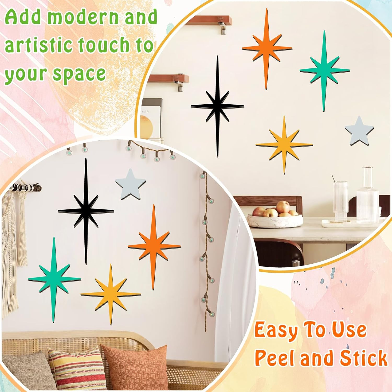 5 Pcs Wooden Atomic Stars Wall Decals Mid Century Wall Decor Modern Star Wall Ar
