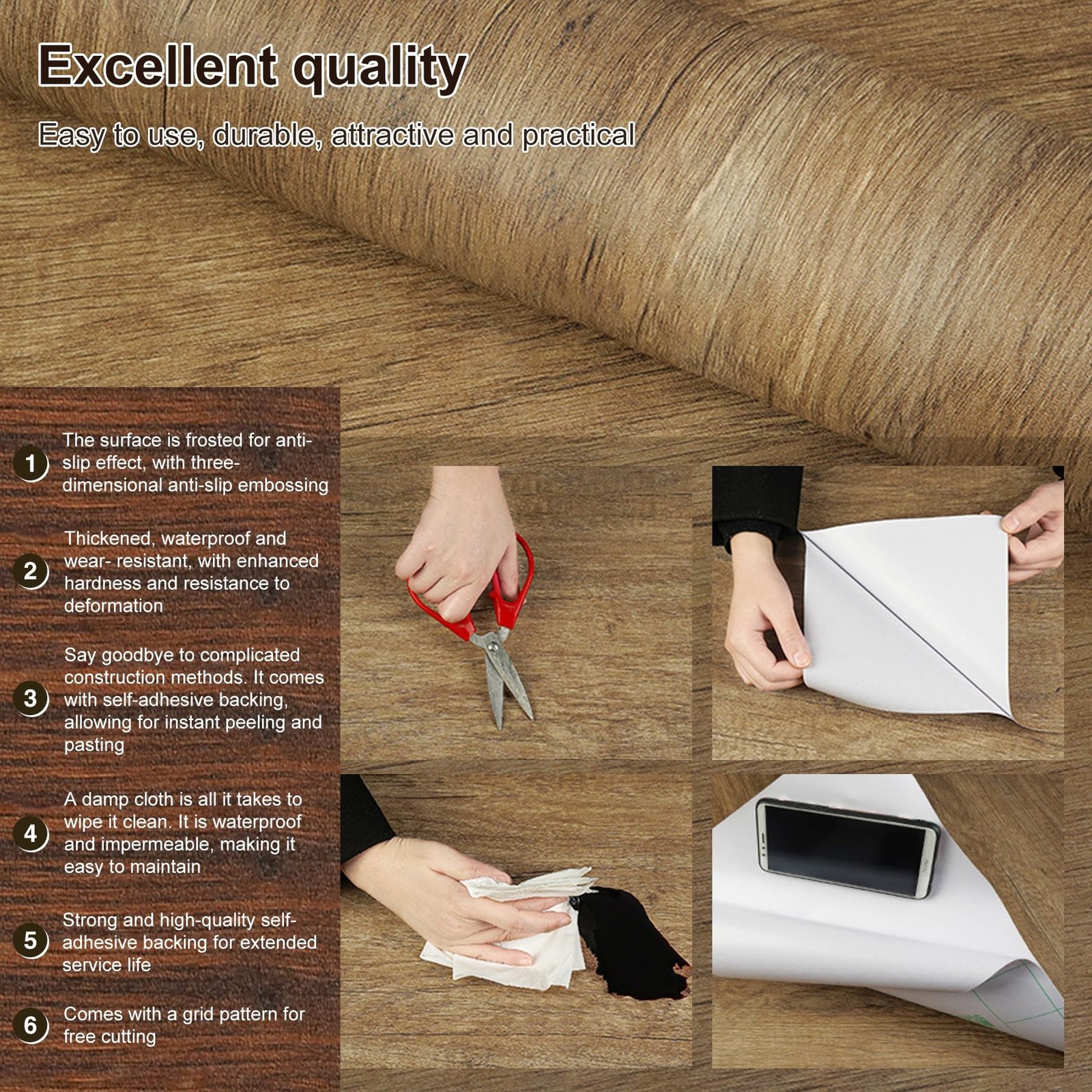 Wood Grain Peel and Stick Floor Tiles， Vinyl Floor Tiles，Peel and