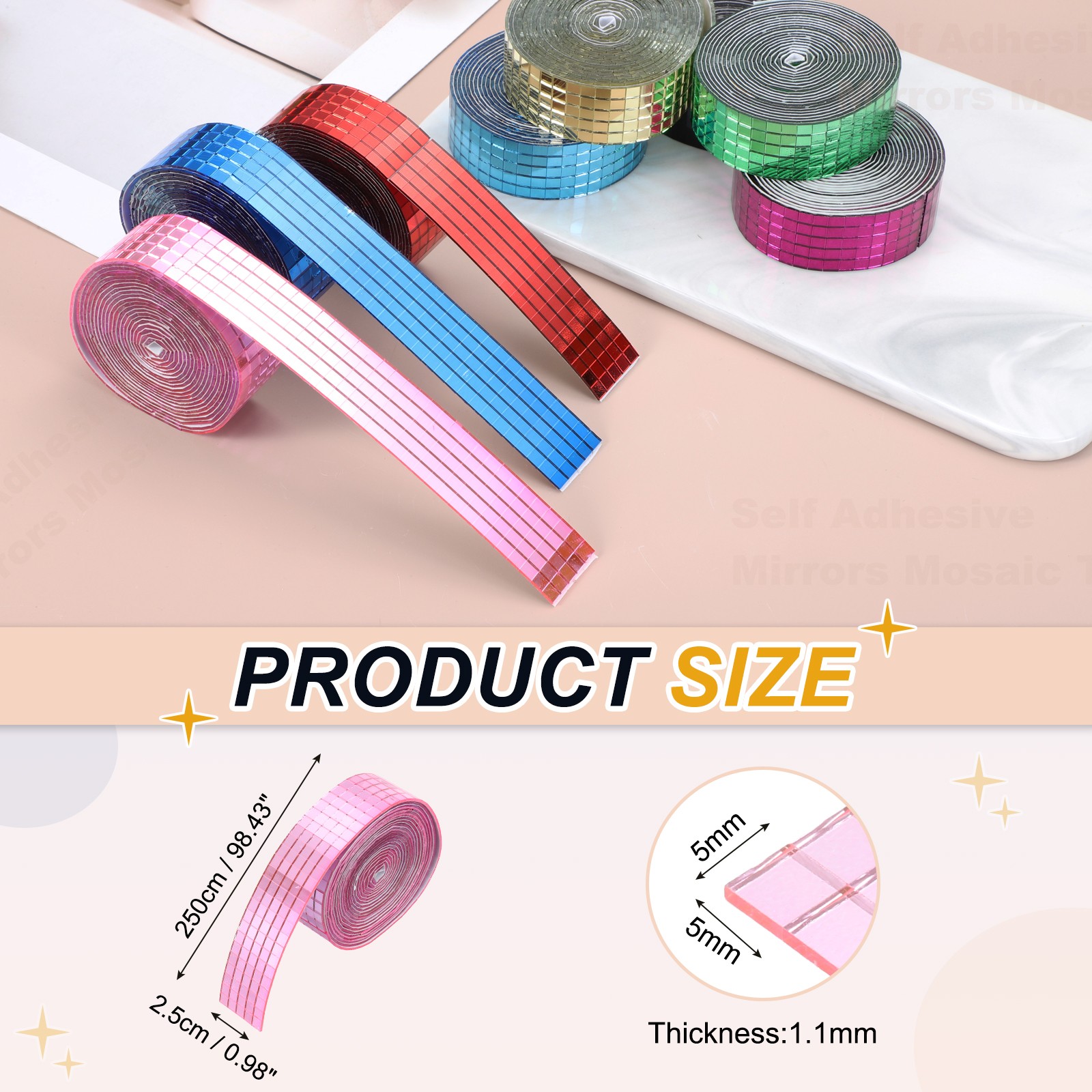 5x5mm Self Adhesive Mirrors Mosaic Tiles, 2500 Pcs Mosaic Sticker, Pink