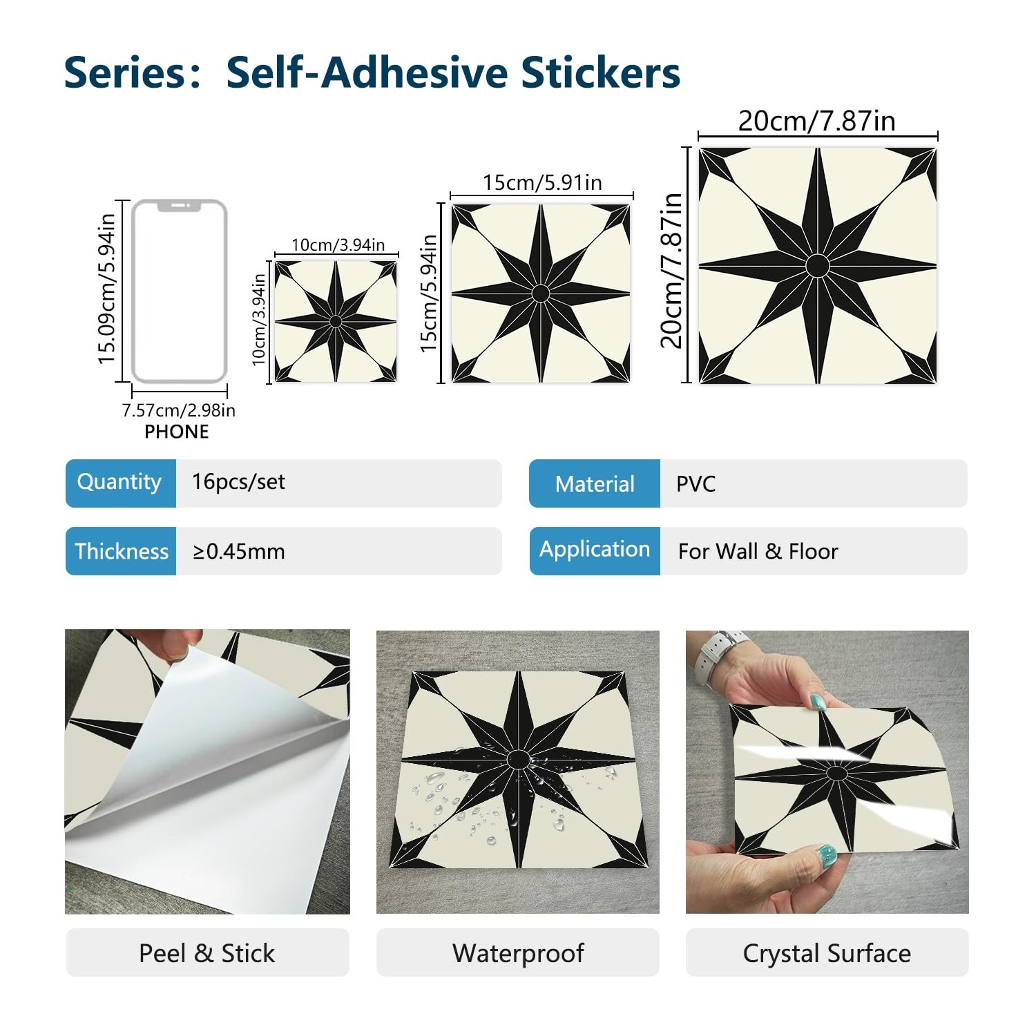 16 Pcs (8×8 in) Mandala Style Decorative Tile Stickers, Peel and Stick Adhesi…
