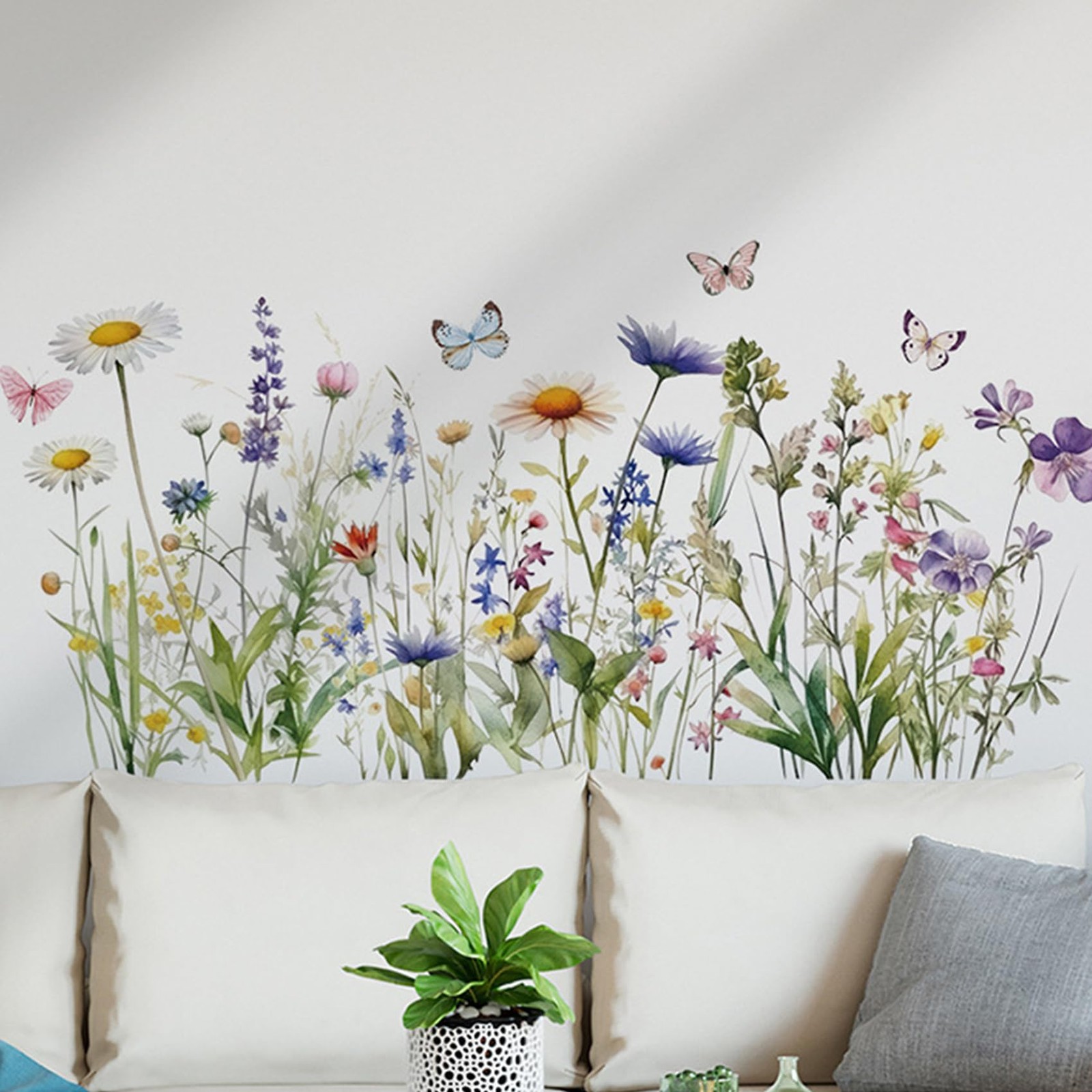Wildflower Grass Daisy Wall Decals, Garden Floral Butterflies Flower Wall Sti…
