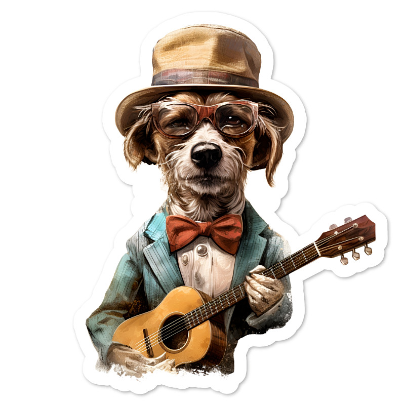 Musical Dog and Guitar Vinyl Sticker, Water Resistant, Laptop, Water Bottle