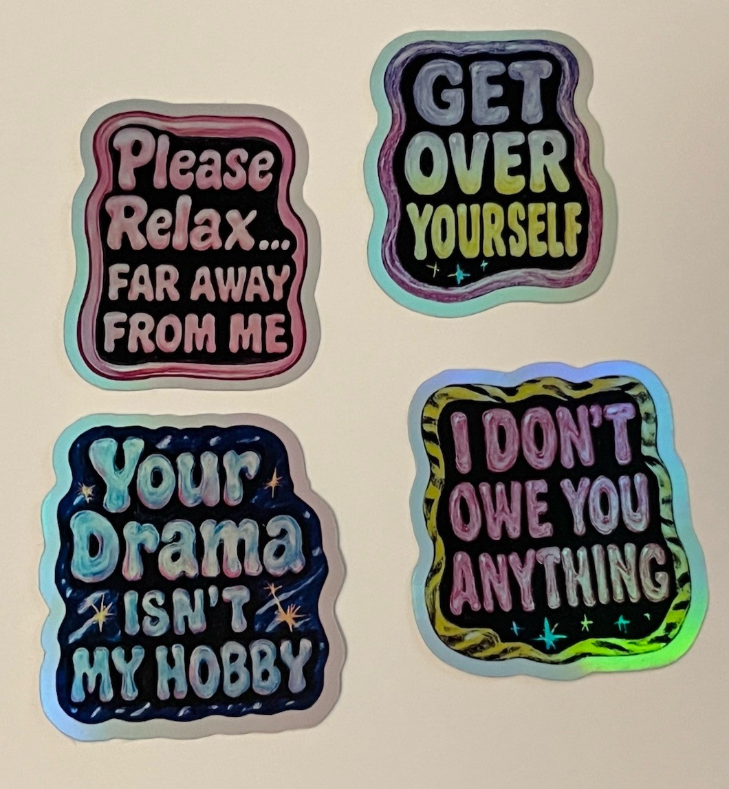 90s Neon Reality Check Holographic Waterproof Vinyl 4 Stickers Set