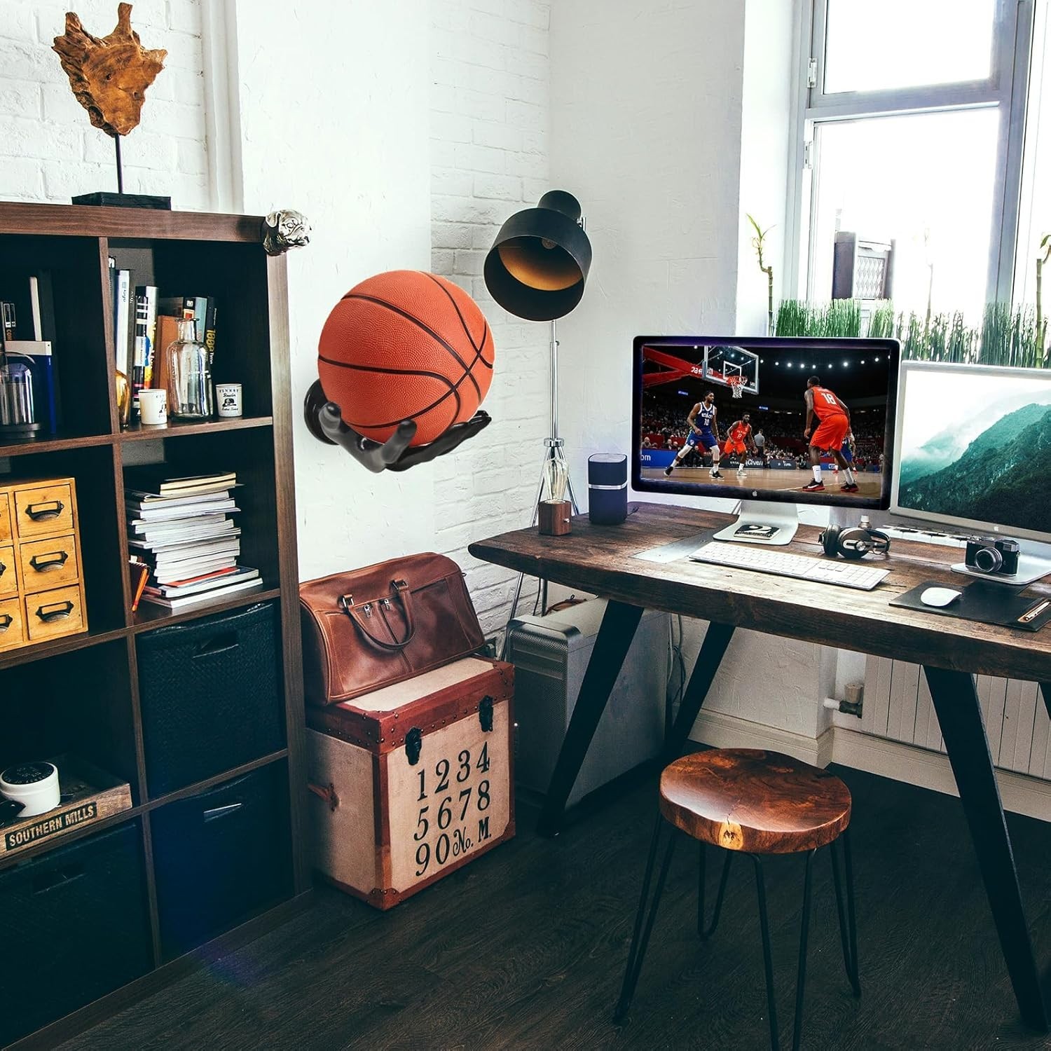Basketball Wall Mount Holder 2 Piece Set for Game Room and Garage Storage
