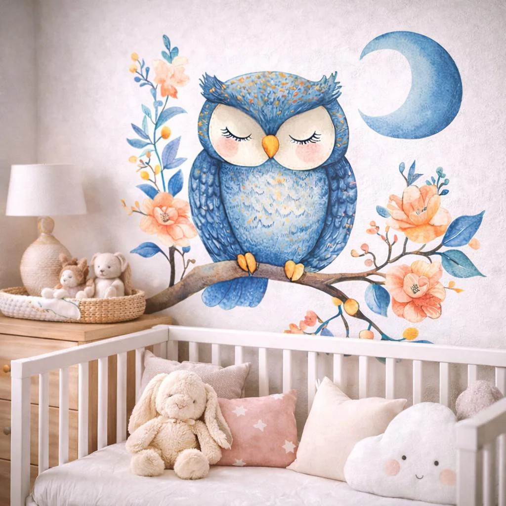 Sleeping Owl Wall Decal | Watercolor Nursery Art