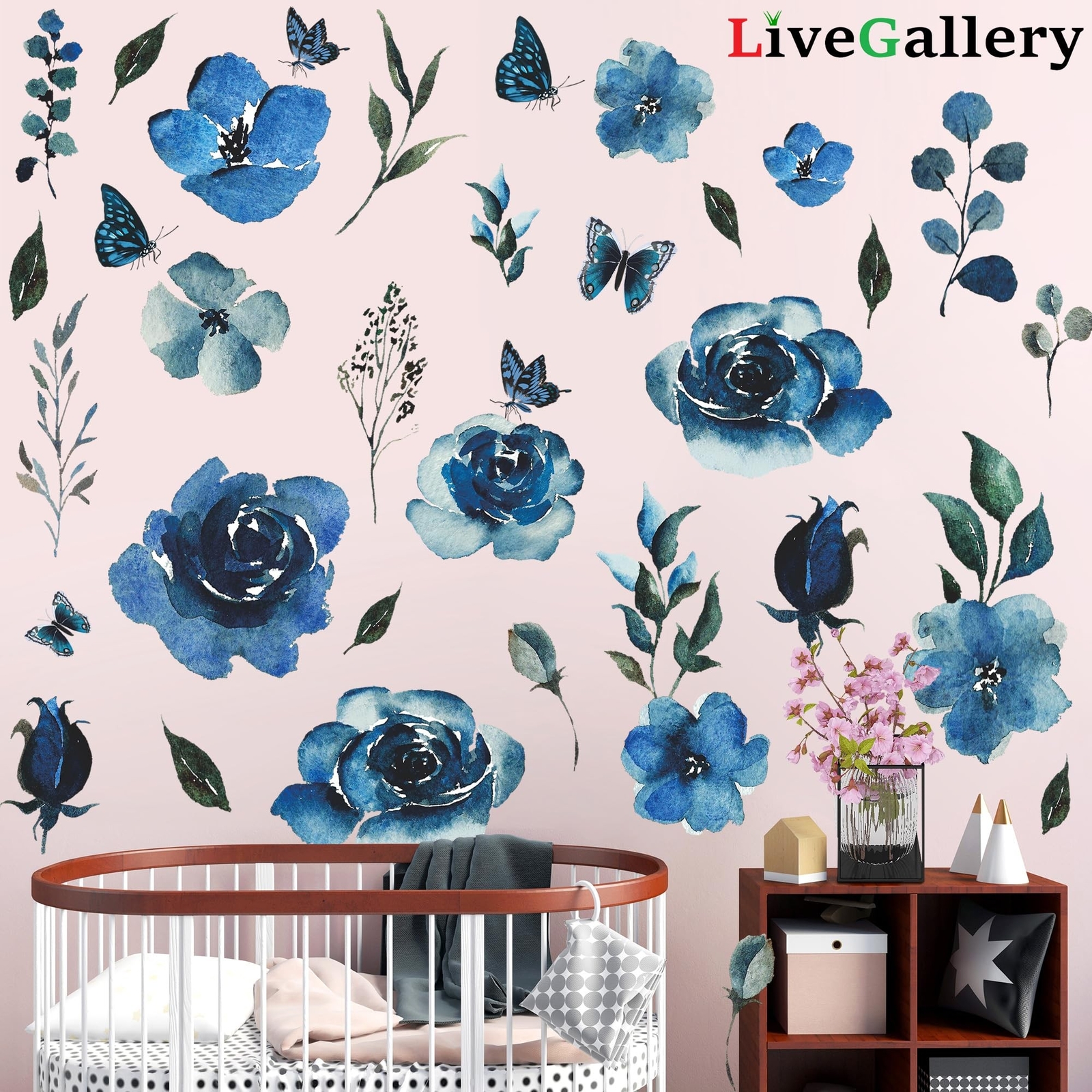 4 Sheets Watercolor Blue Roses Wall Decals Art Flowers Wall Stickers Removabl…