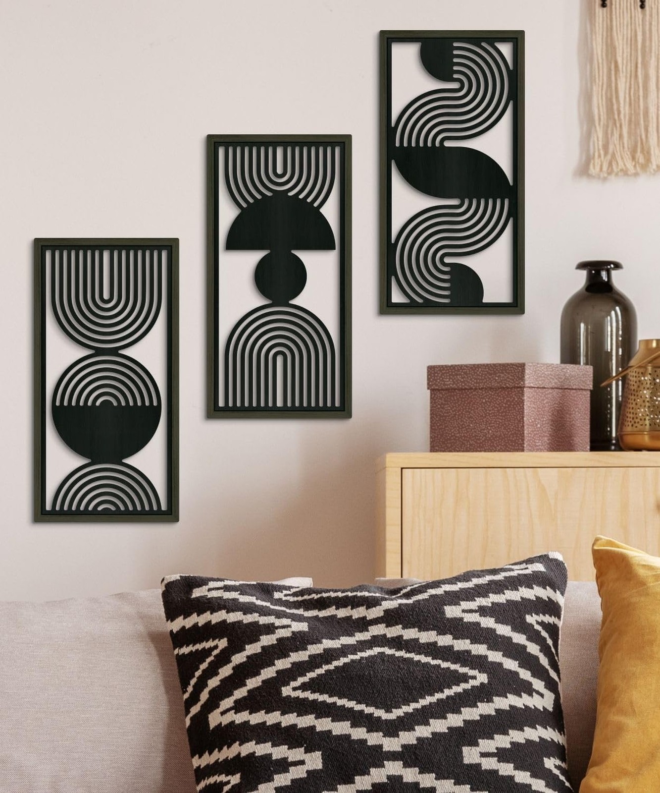 Putuo Decor Modern Minimalist Wall Art Set of 3, Black and Gray MDF Cut-Out G…
