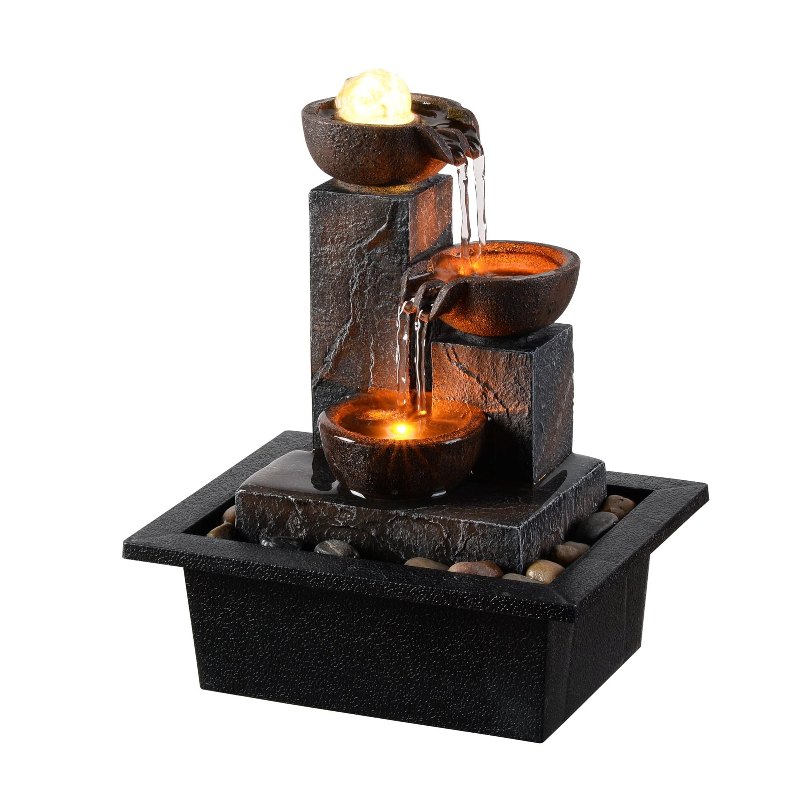 Three Bowls with Rotating Ball Flowing Tabletop Fountain Home Décor Indoor/
