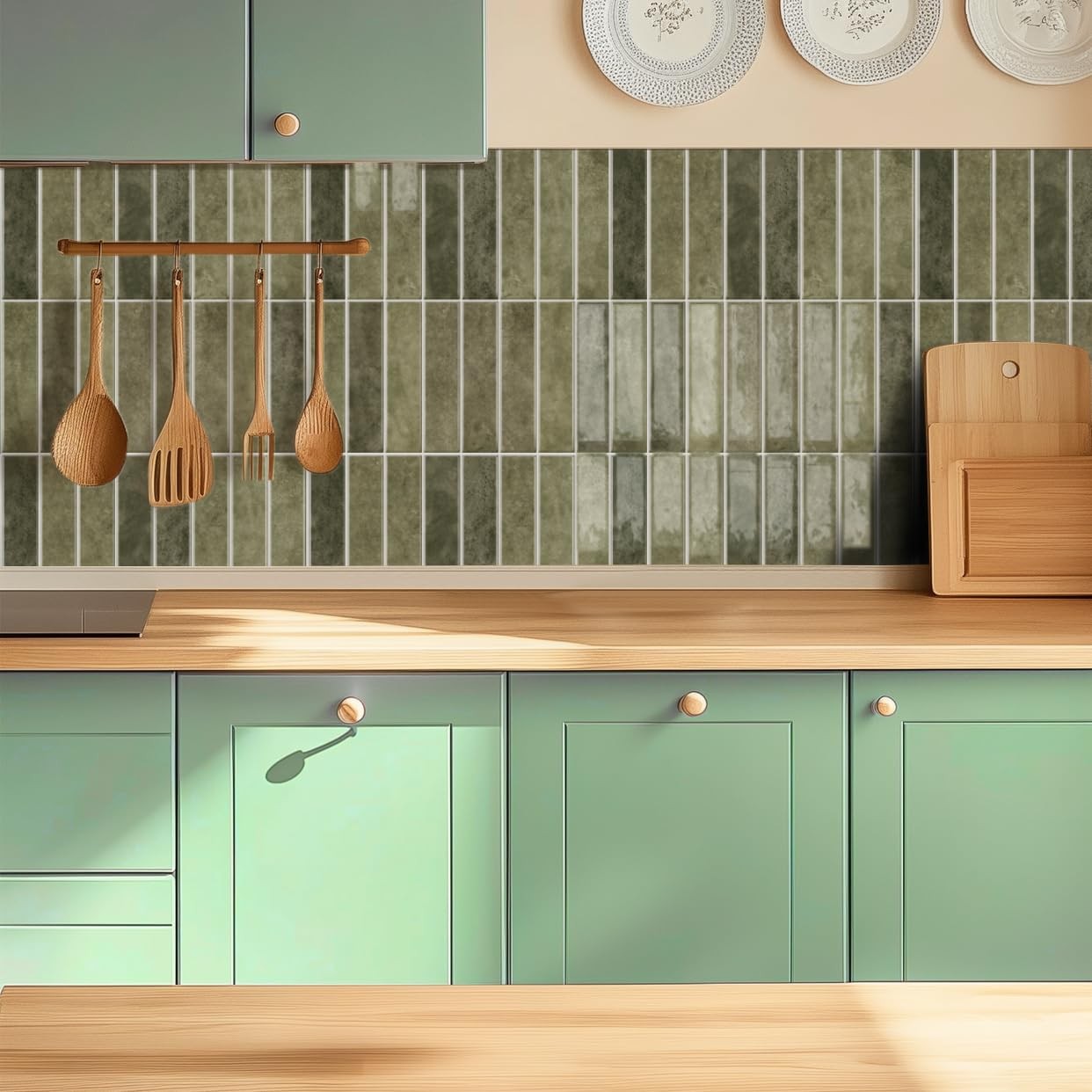 10 Sheets 12x12inch Retro Green 3D Vinyl Backsplash Tiles, Self-Adhesive Peel…