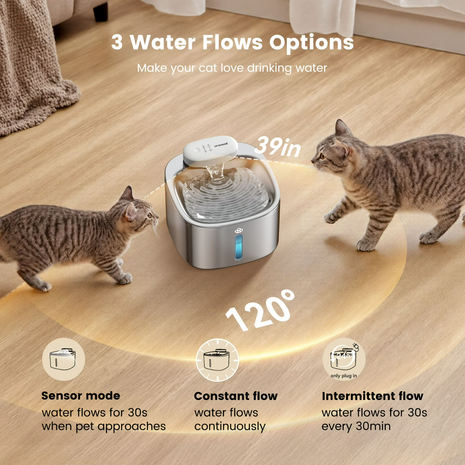 Oneisall CW-01 Wireless Cat Water Fountain 304 Stainless Steel, 3.5L/118oz