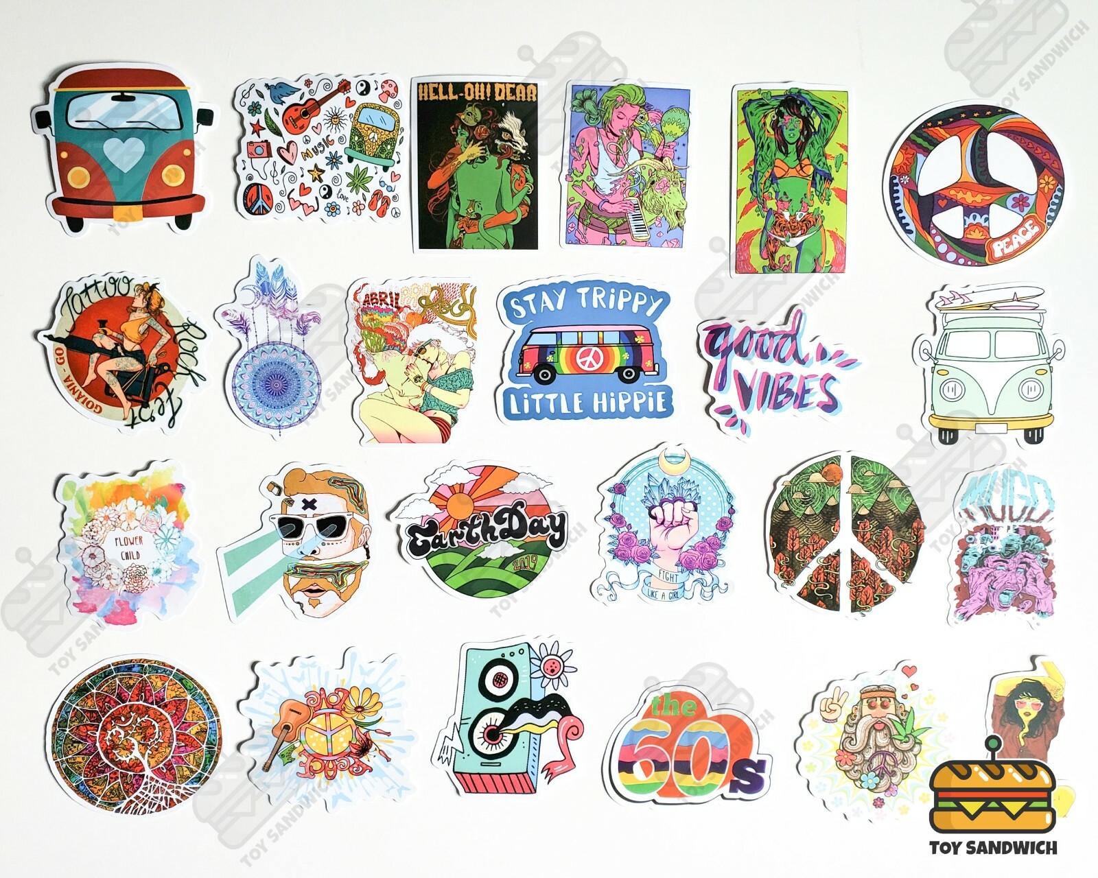 100 pcs "Hippie" Sticker Pack Peace Boho Decor Guitar Bohemian Hobonichi Decals