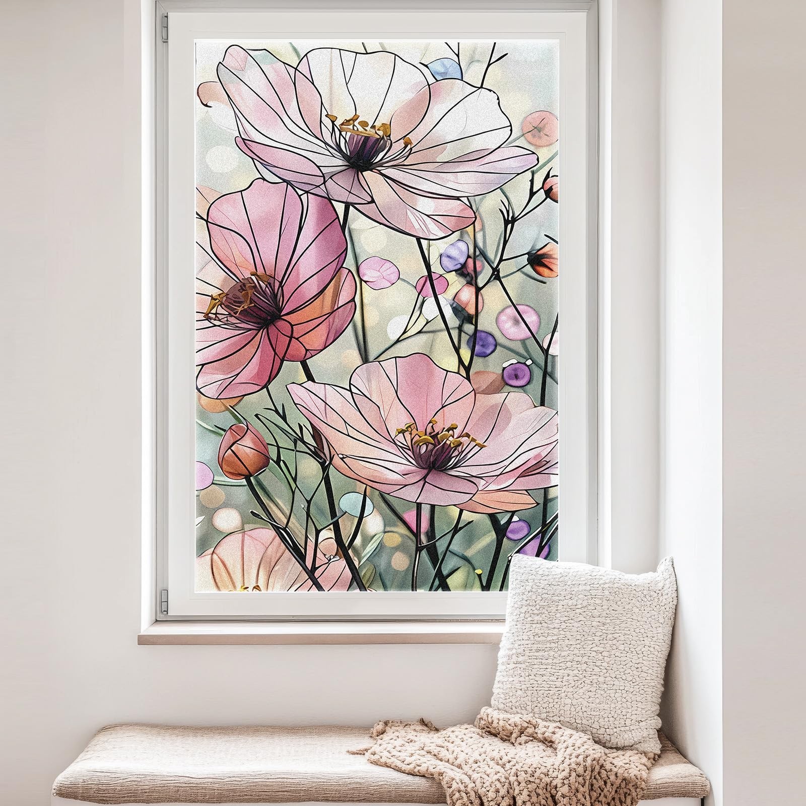 23. 6 x 35. 4 Inch Pink Poppy Glass Window Film Decorative Large Floral Non A…