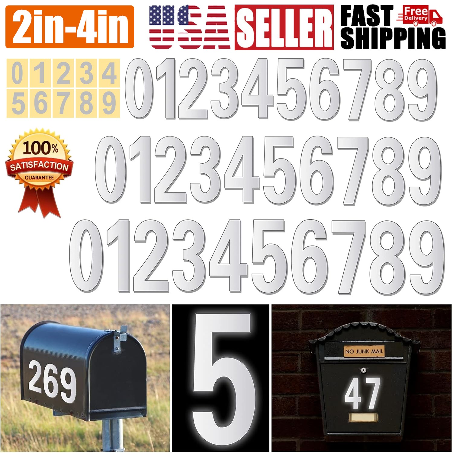 1/3x Reflective Mailbox Numbers for Outside, 2/3/4 Inch Self Adhesive Waterproof