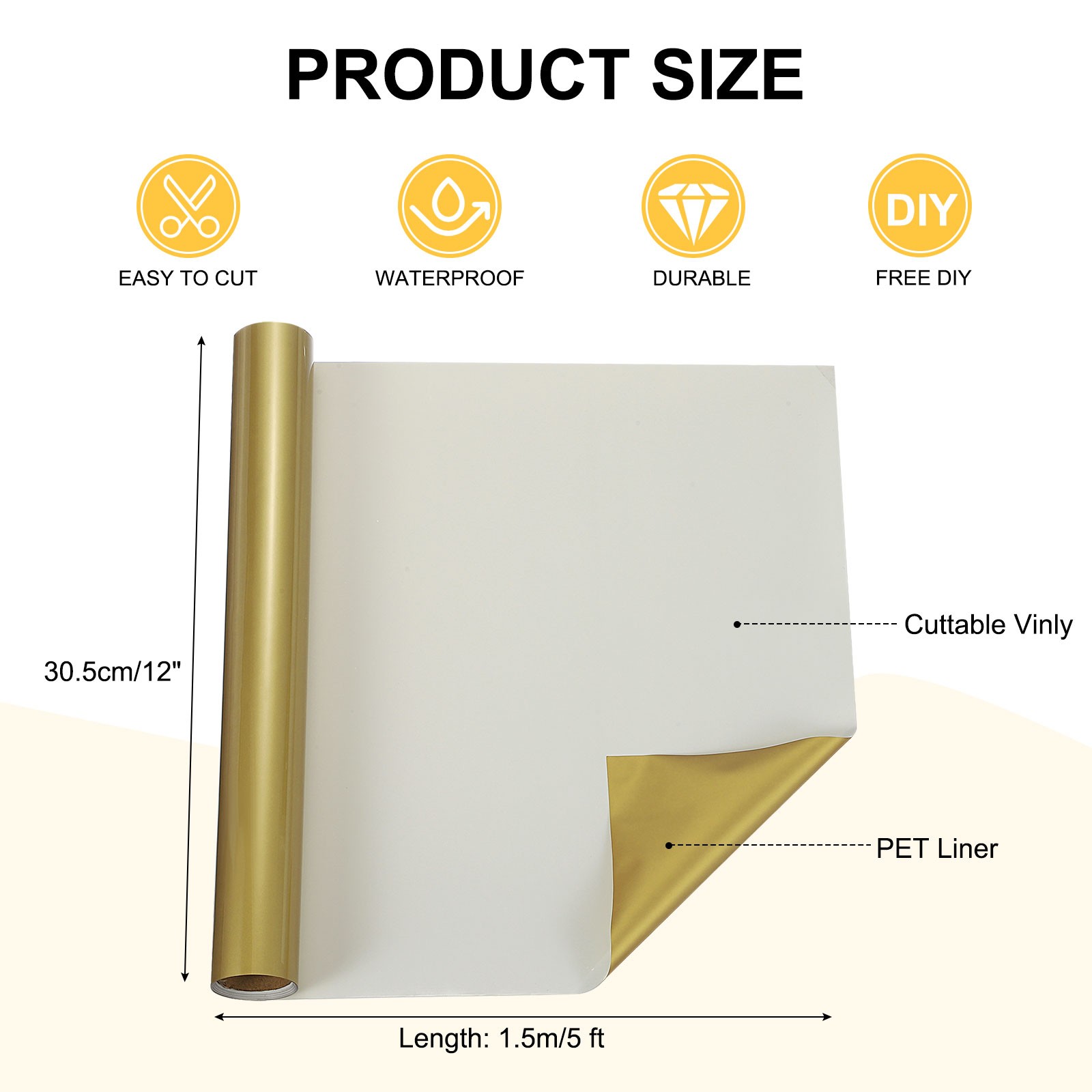 Gold Vinyl Permanent, 12"" x 5ft Roll for Cricut