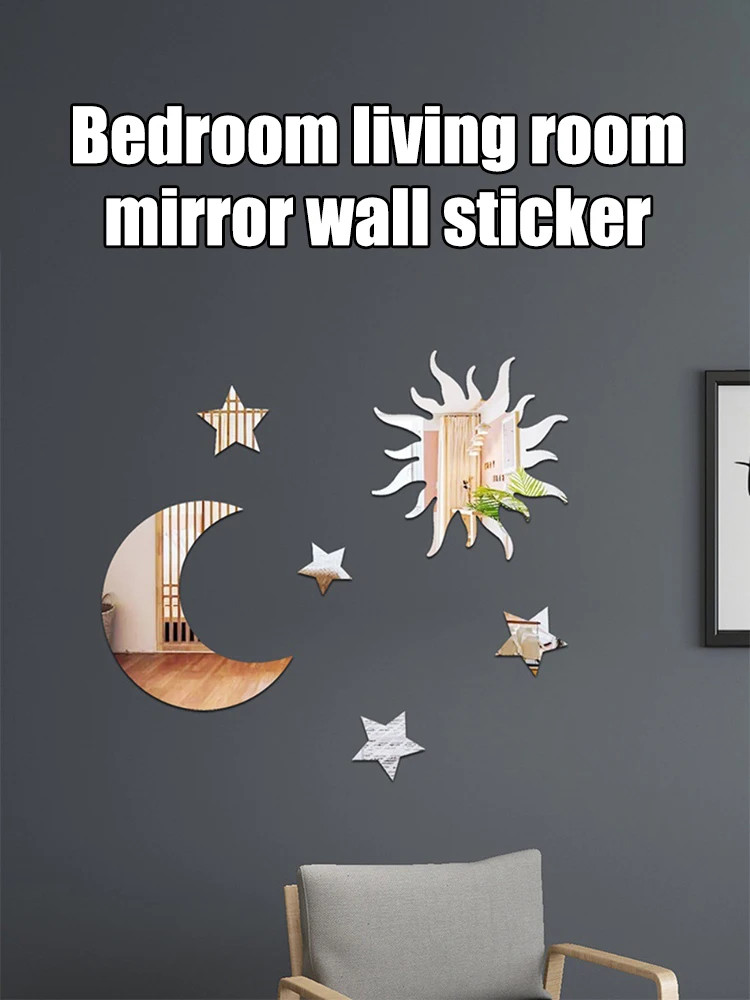 Star Moon Combination Mirror Stickers 6PCS Acrylic Stereo Self Adhesive Wall Art