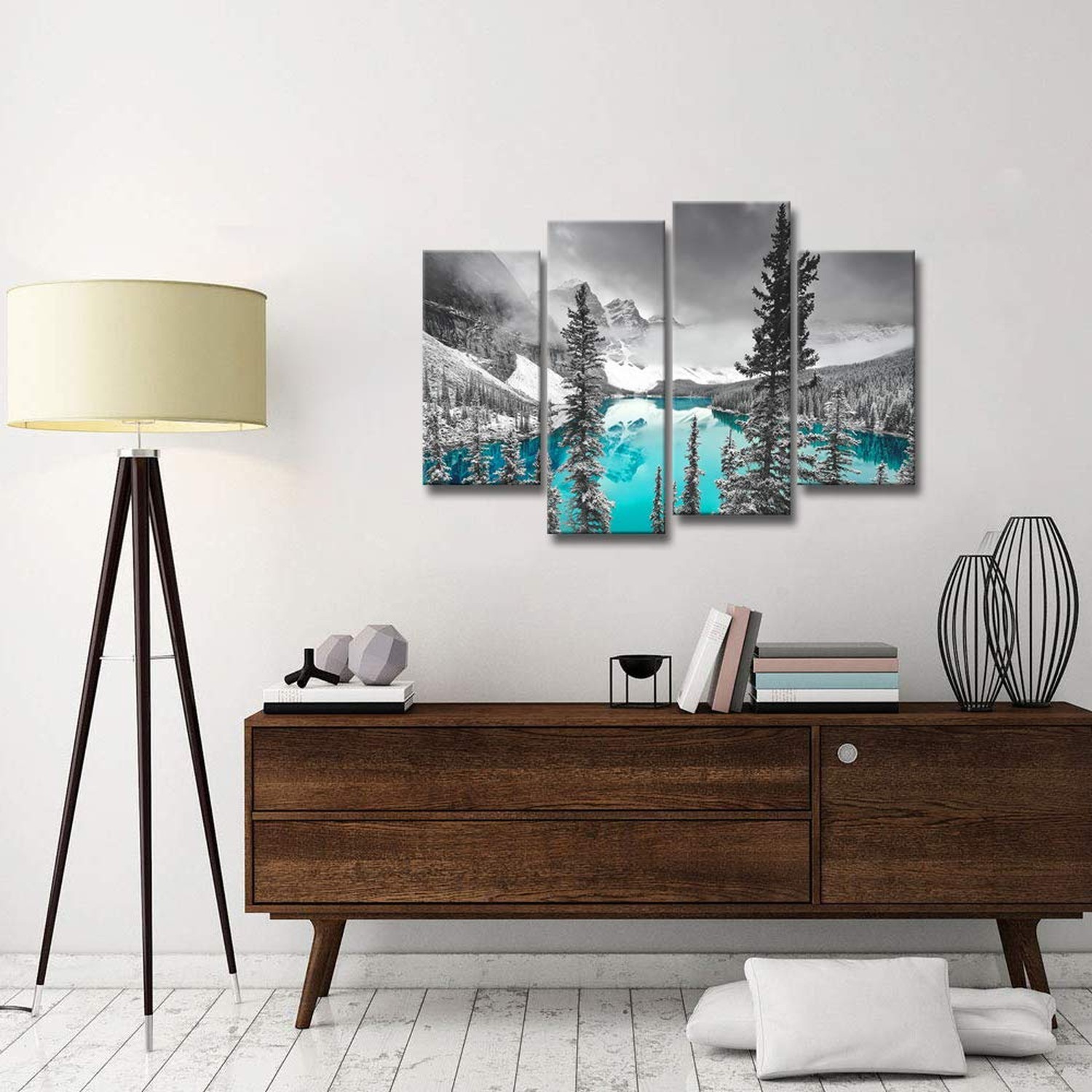Derkymo 4 Pieces Teal Blue Moraine Lake Wall Art Black and White Canada Rocky…