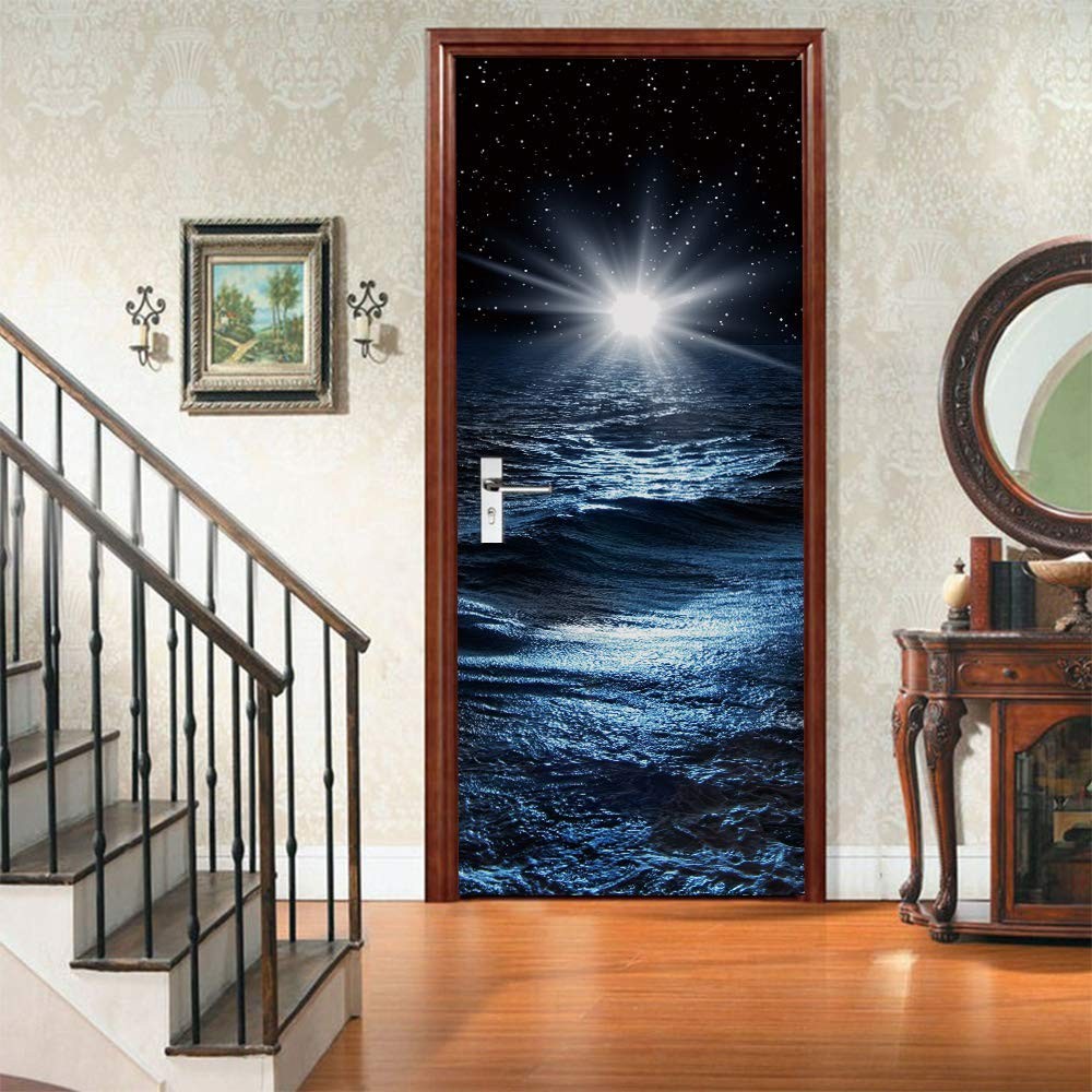 ZY-KL 3D Door Sticker Wall Decals Mural Wallpaper Galaxy Blue Starry Sky, Wat…