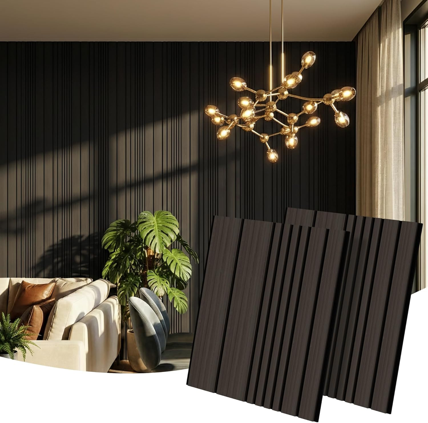 3D Wood Wall Panels – 4-Pack Acoustic Slat Decor for Home & Office, Black