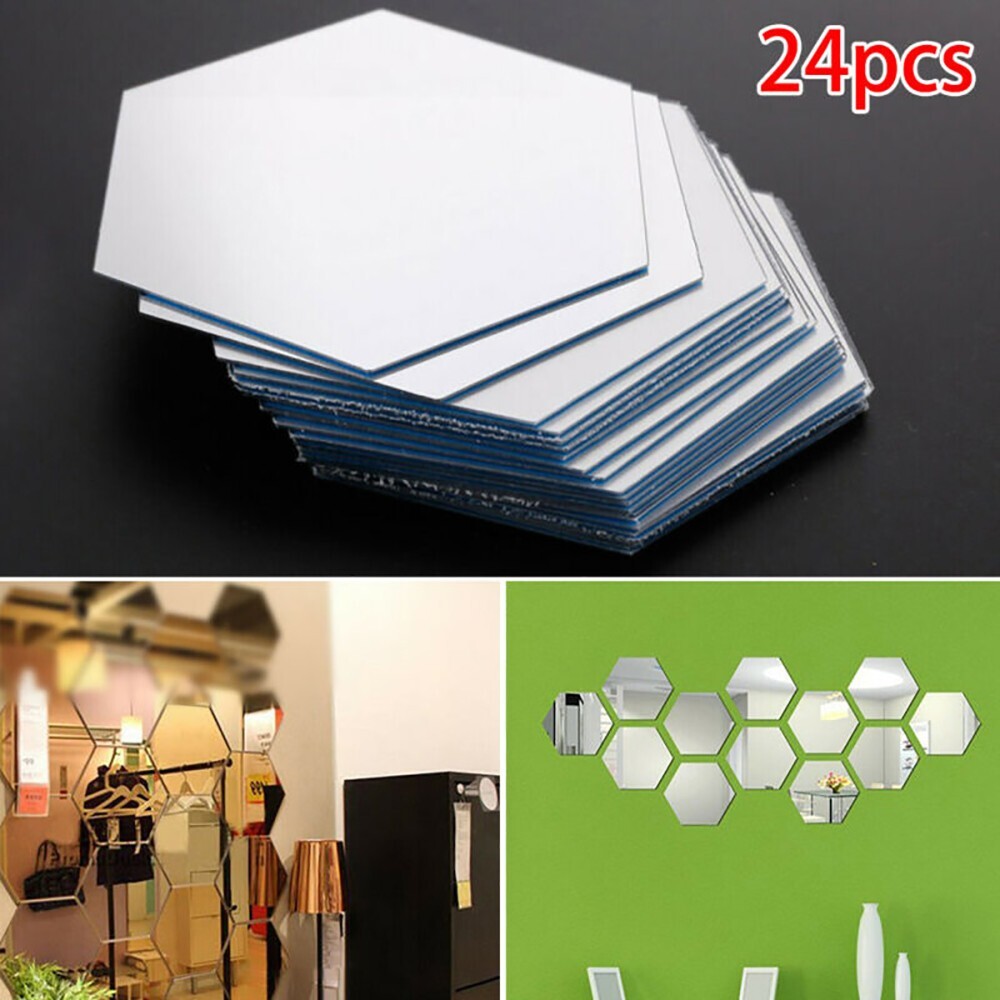 ?24pcs 3D Hexagon Mirror Wall Sticker Art Tile Decal Home Living Room Decor