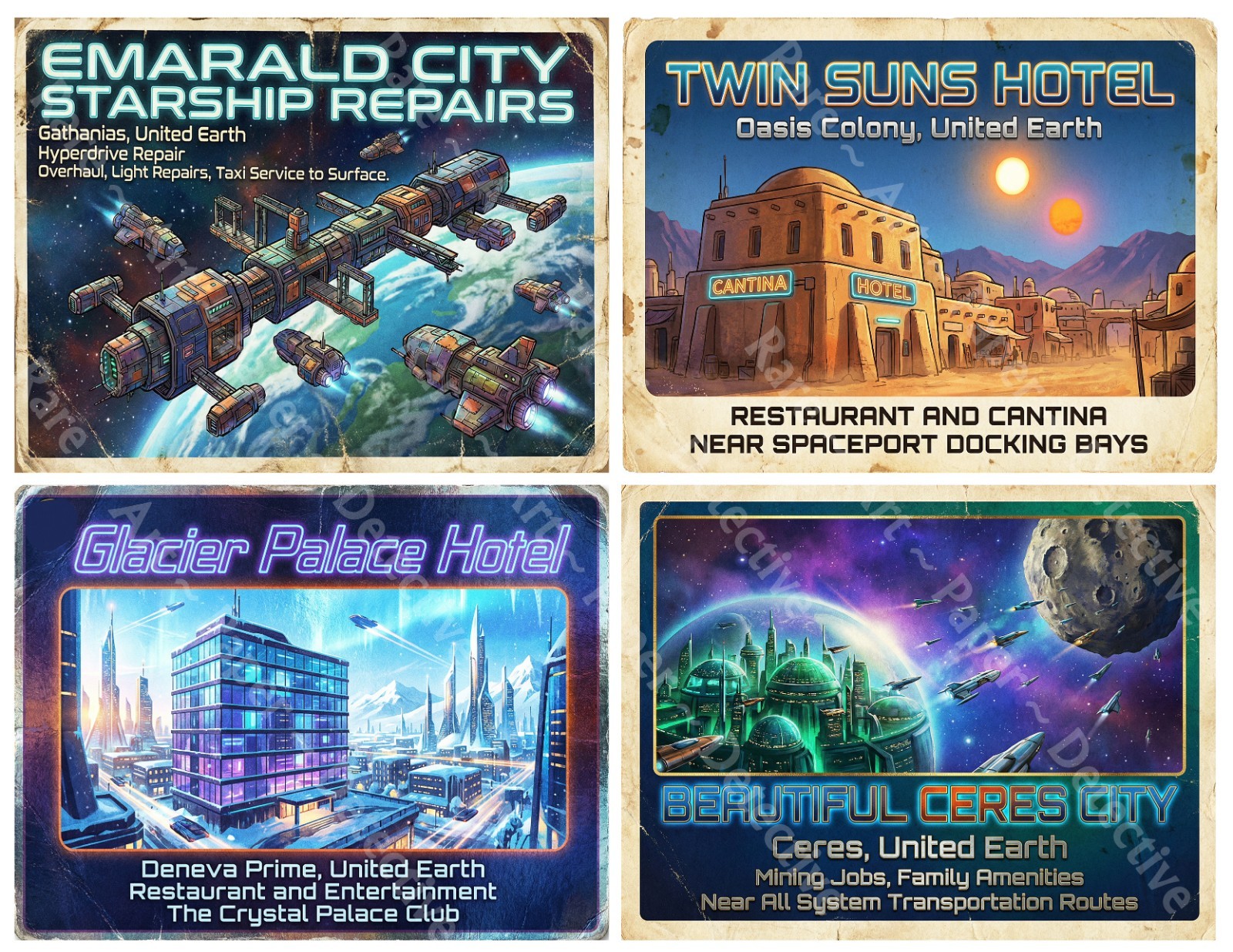 Science Fiction Fantasy Travel Stickers, 4 Children's Stickers , 5" x 4", #1407