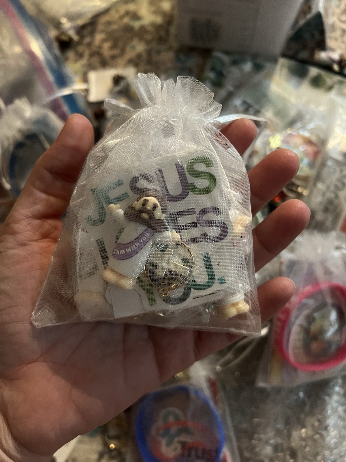 Homemade Blessing bags Jesus Loves You wristbands keychains charms Stickers