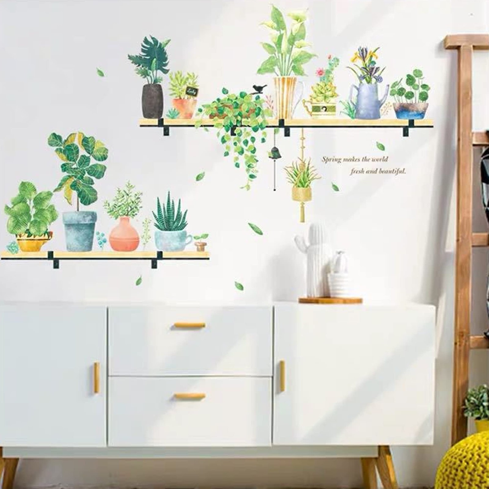 42.9" x 40.2" Shelves Nature Green Potted Tropical Plants Leaves PVC Wall S…