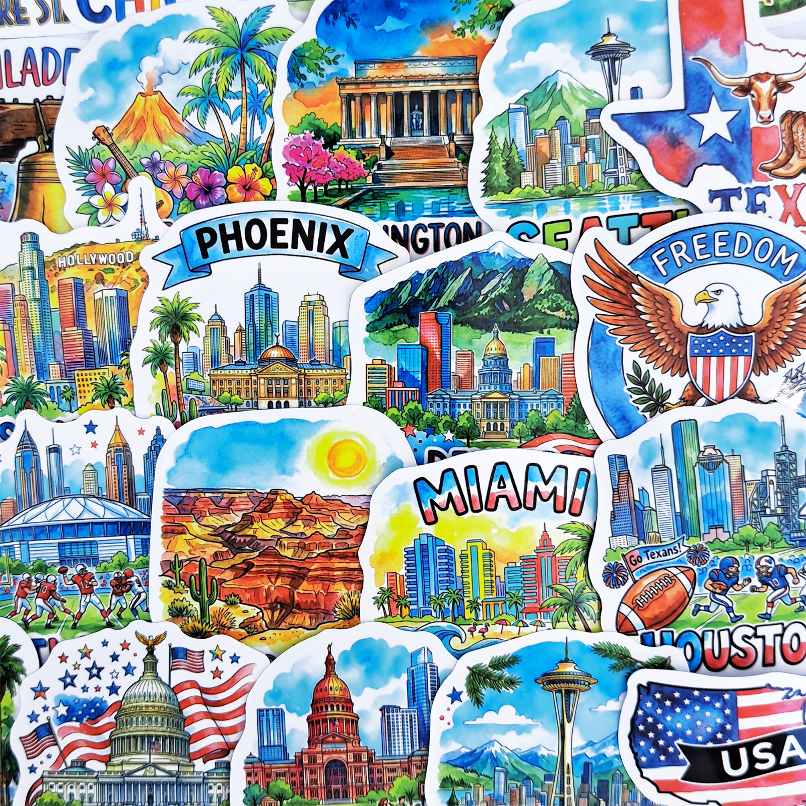 50 PCS USA Travel Sticker Pack American Landmarks Famous Places Journal