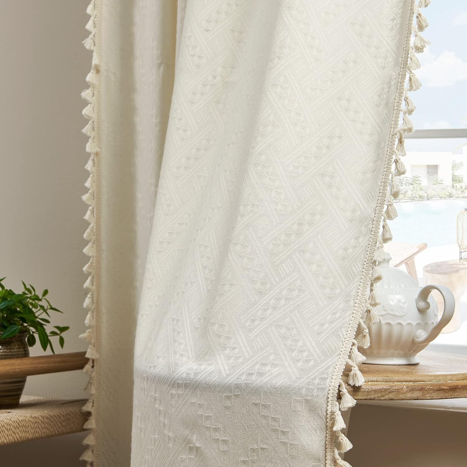ENJOYBRIDAL Off White Curtains for Living Room 96 Inch Length 2 Panels Boho D…