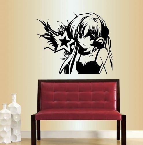Vinyl Wall Decal Anime Manga Girl Headphones and Star Any Room Art Sticker 1822