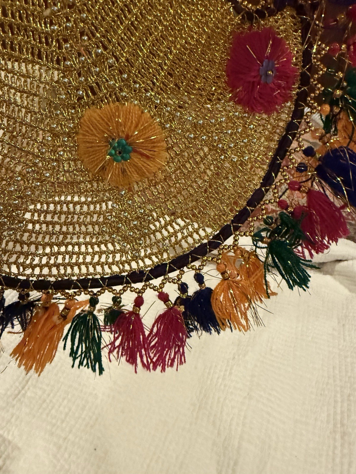 Decorative Hand Fan, golden with multi-color fringe, handmade