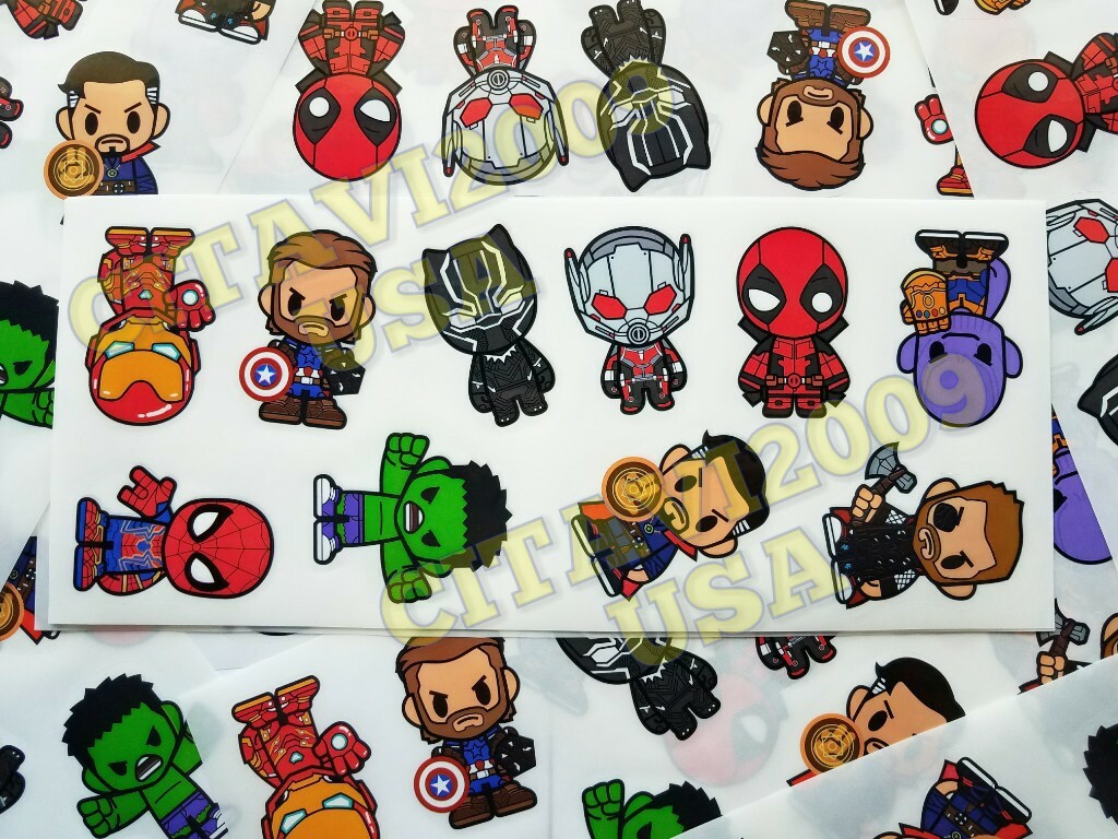 MARVEL SUPERHEROES AVENGERS CARTOON TRANSLUCENT WATERPROOF STICKERS SET OF 10.
