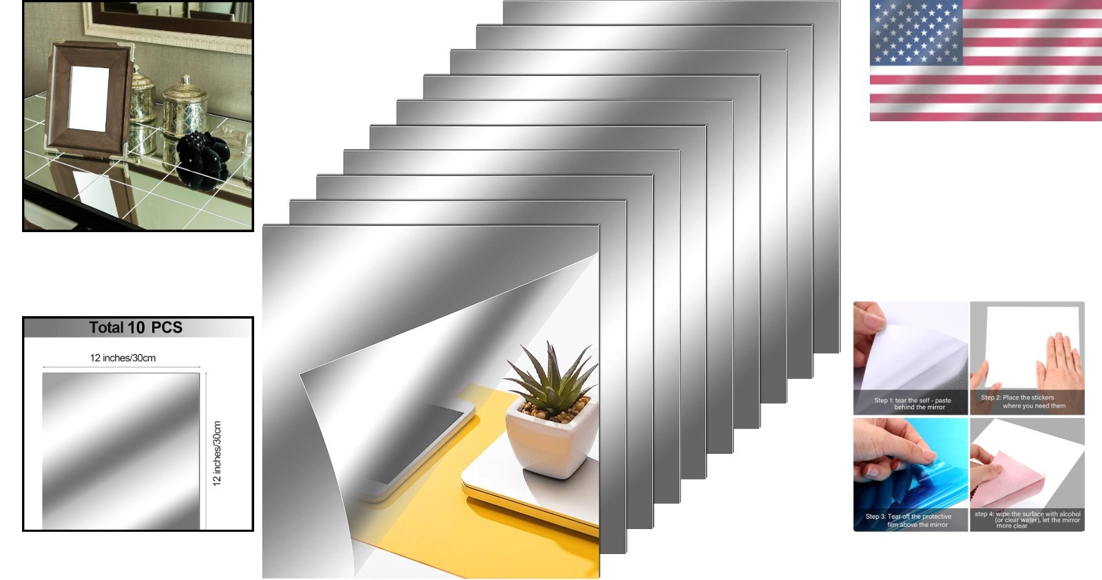 Self Adhesive Mirror Tiles Set – 10 Pieces, 12×12 Inches