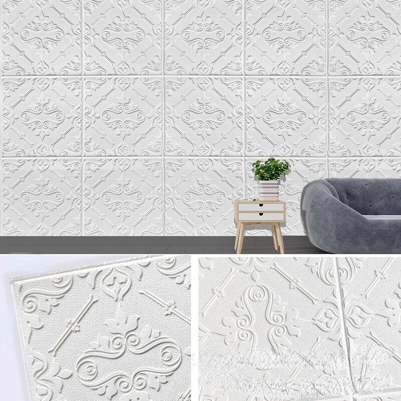 10PCS 3D Embossed Foam Wall Sticker Panels Self-adhesive Wallpaper Ceiling Decal