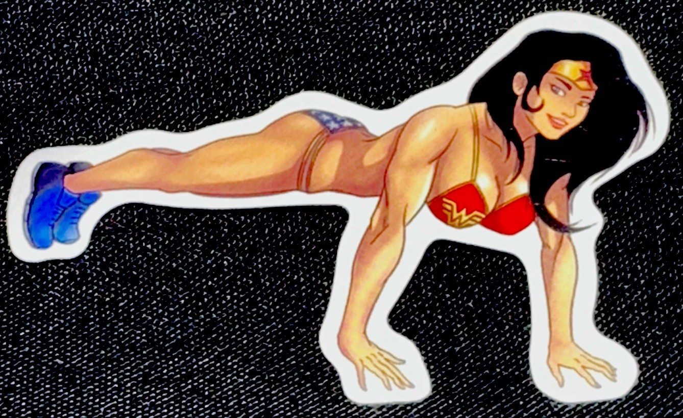 WONDER WOMAN STICKER✨💋⭐️💪🏼❤️‍🔥✨GLOSSY✨2 1/2” x 1 1/2”✨DOING WORKOUT✨SEXY✨💫