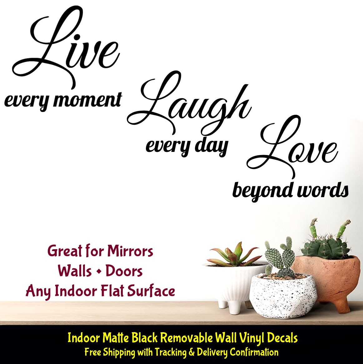Live Laugh Love 14" x 3.5" Indoor Removable Vinyl Decal Wall Door Mirror