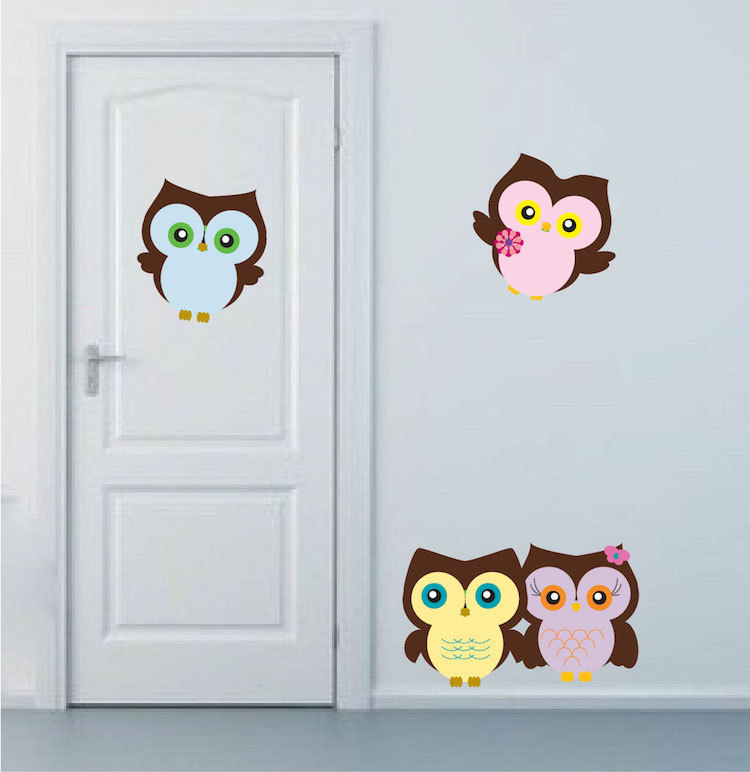Nursery Owls Wall Decals Kids Room Cartoon Owl Cute Birds Colorful Forest, n00