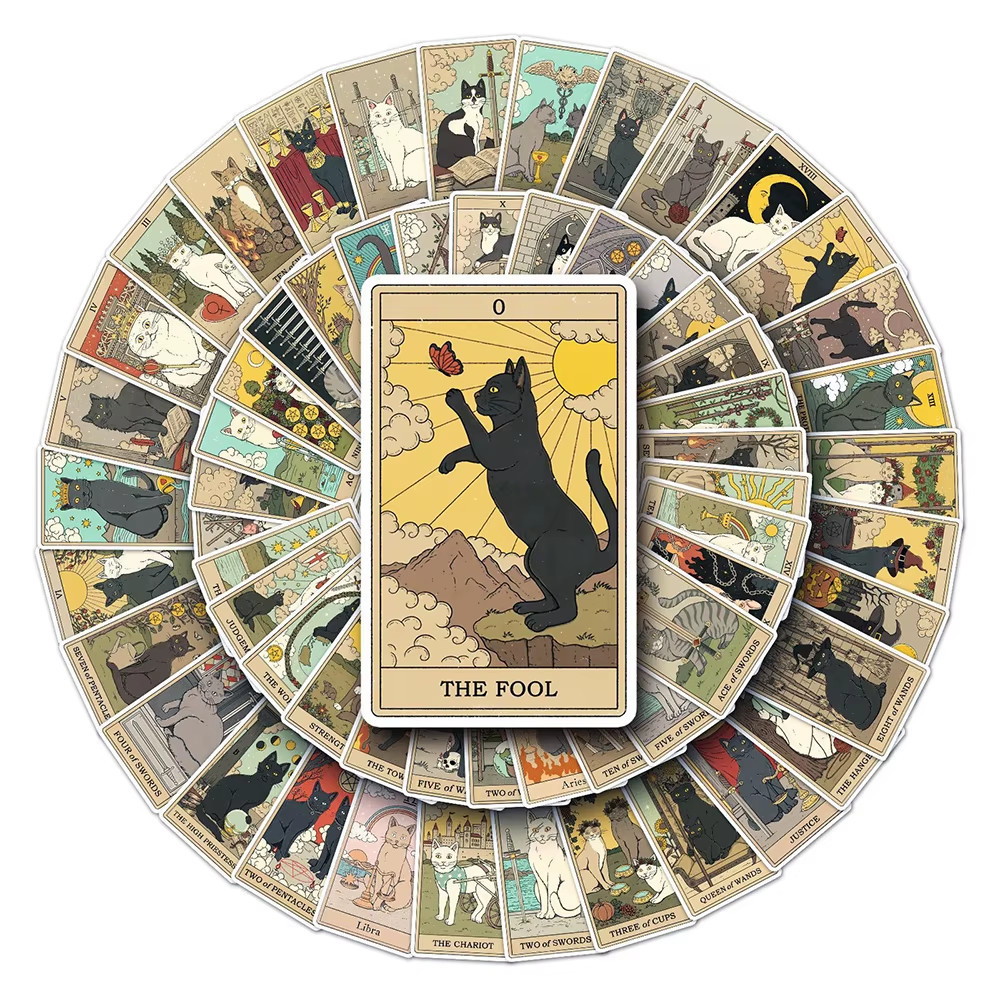 Vintage Cat Tarot Stickers – Funny PVC Decals for DIY Decor & Gifts (10-78PCS)
