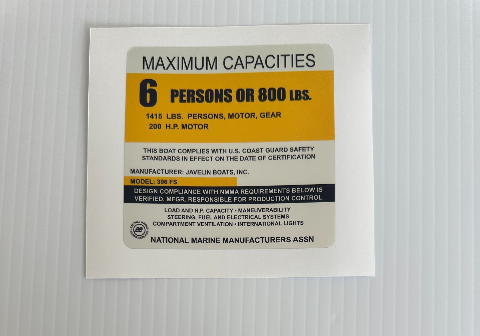 Javelin 396 FS Boat Capacity Plate Decal Replacement Sticker USCG NMMA