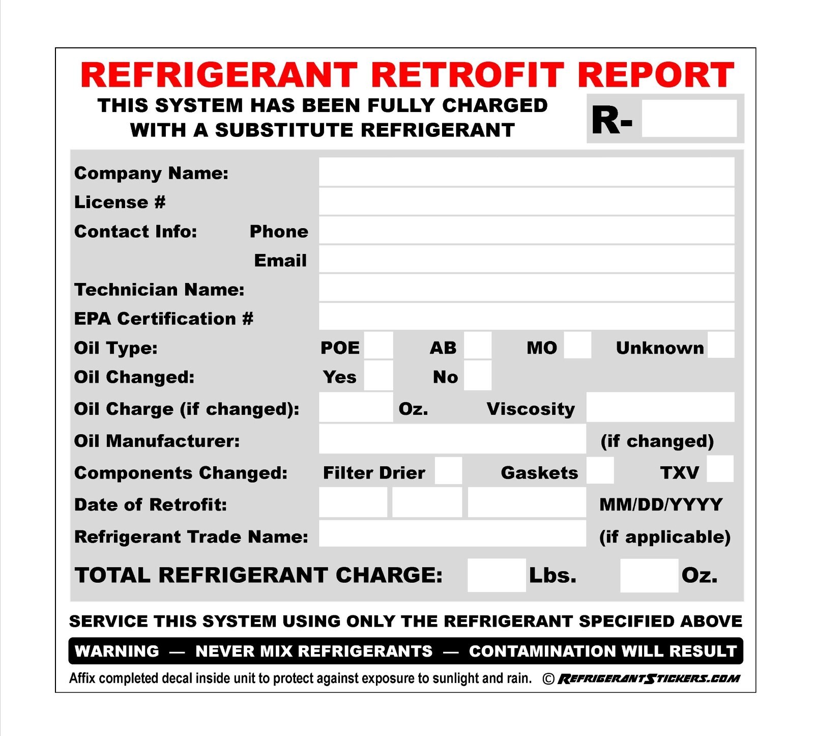 HVACR Refrigerant Retrofit Report Decal Stickers X10 – R438A R407C R421A etc.