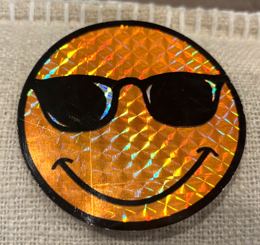 Vintage! Smiley Face with Black Sunglasses Sticker ~Orange Gold Prism Glitter 3"