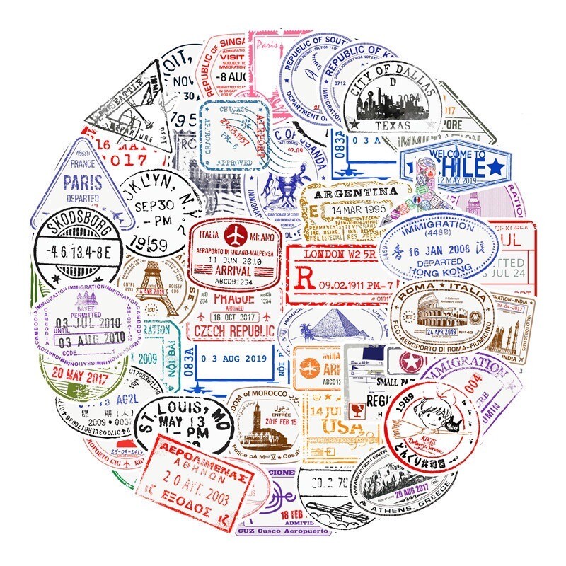 50 Retro Customs Stamp Stickers World Travel Tourist Decals Set A Free Shipping!